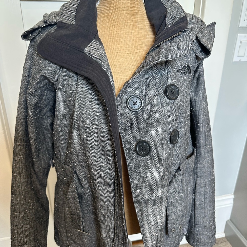 The North Face Gray Peacoat with Hood and Modern Design